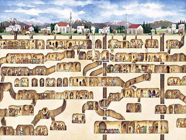 An illustration of an underground city like Derinkuyu