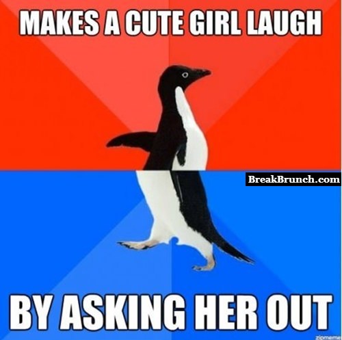 makes a cute girl laugh by asking her out
