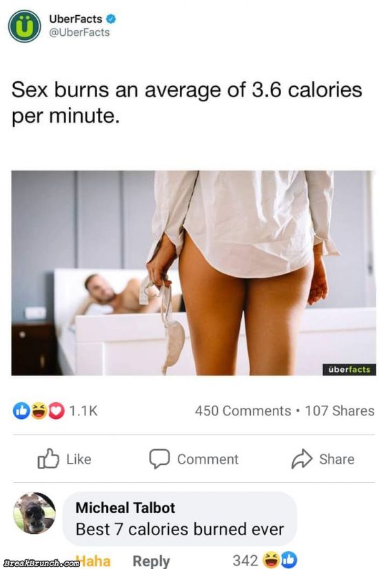 Sex burns an average of 3.6 calories per minute