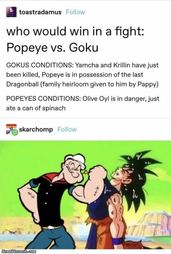 Who will win in a fight between Popeye or Goku
