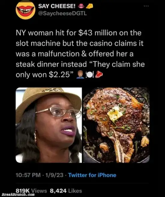 Woman hit $43 million but casino offered her a steak dinner