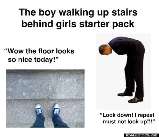 Boy walking up stair behind girl