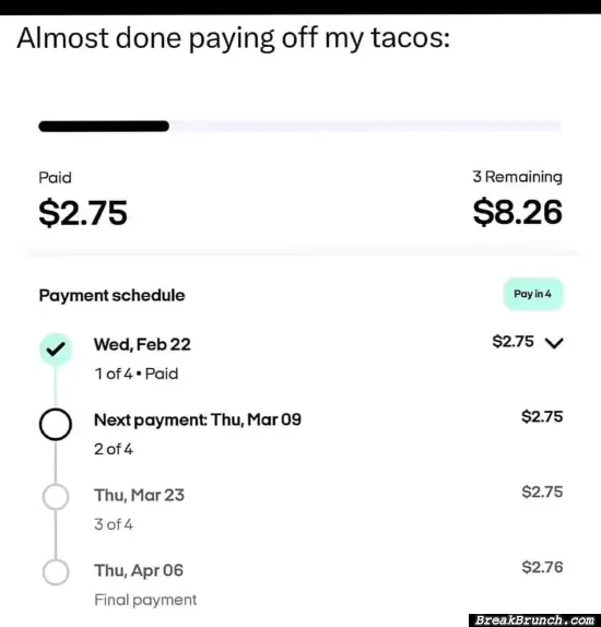 I am almost done paying for my taco